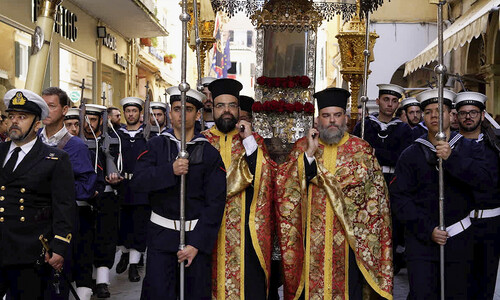 Procession with relics of St. Spyridon of Trimythous. Corfu. Greece. 4K.