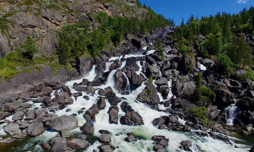 Video. Altay National Reserve. Uchar Waterfall. The stone mushrooms. Katu-Yaryk Pass. Russia. 4K.