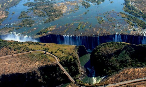 Video. Victoria Falls. Helicopter flight over the waterfall. Zambia - Zimbabwe.
